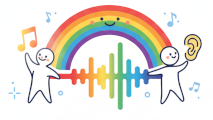 Two hand-drawn friends passing a song under a rainbow